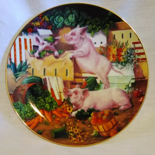 PIGGING OUT Danbury Mint Collectors Plate PIGS IN BLOOM Series by Joan Wright