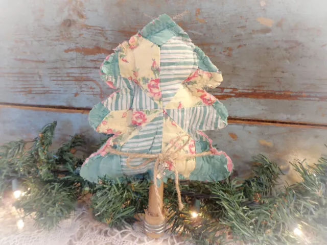 antique quilt Christmas tree on vintage spool bobbin farmhouse decoration