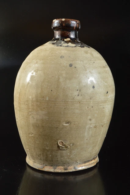 M2484: Japanese Old Seto-ware glay glaze Shapely FLOWER VASE Ikebana