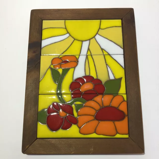 Retro 70’s Look 3 Section Hand Painted Terra Cotta Tile Wood Frame 10” X 13” VTG