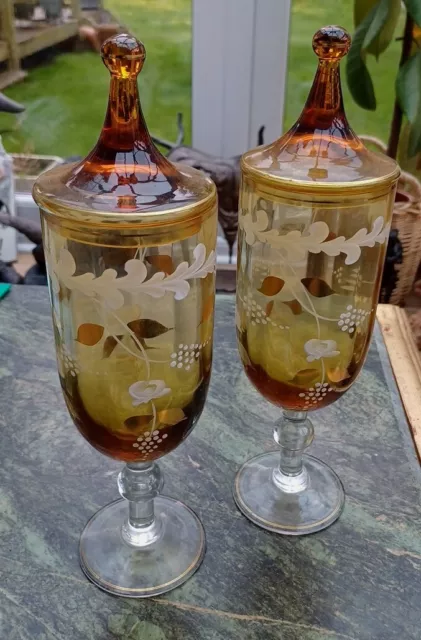 Stunning Pair Mid-Century Czech Covered Stemmed Amber Glasses/Tall Candy Jars.