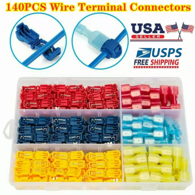 140Pcs 22-10 AWG Insulated T-Tap Quick Splice Combo Wire Terminal Connectors Kit