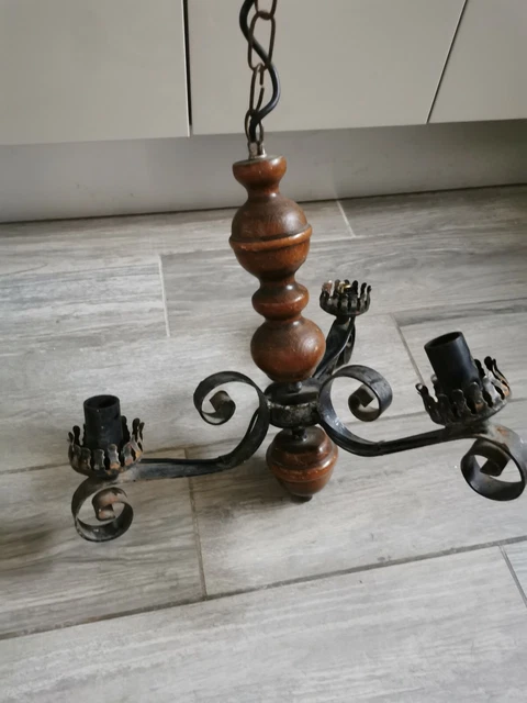lustre en bois avec 3 branches vintage
