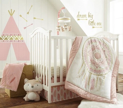 Levtex Baby Little Feather Coral 6-Pc Crib Bedding Set Include Mobile *New*