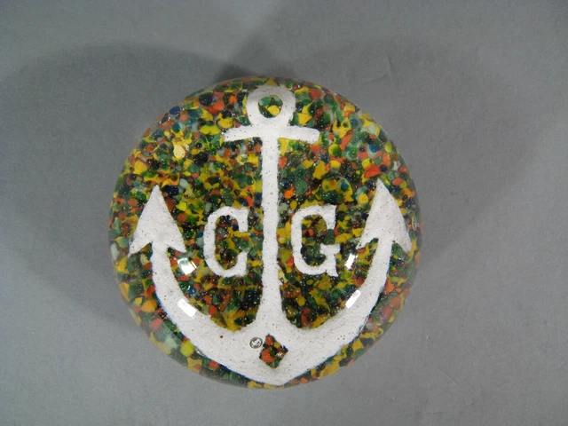 Ancienne Boule Presse-Papier Sulfure Décor Ancre De Marine Bateau Initiales C.g