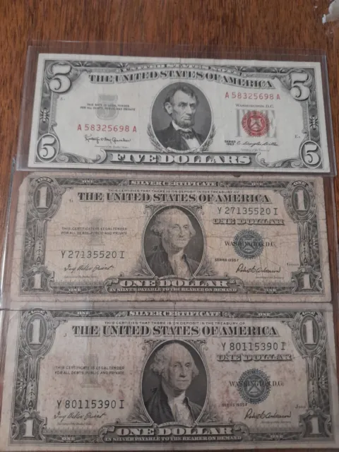 1963 five dollar red seal federal reserve note $5 & 2 well circulated 1935 F one