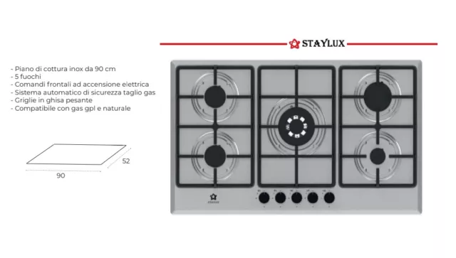 Staylux Piano Cottura 90 Cm Acciaio Ghisa Gas Metano Gpl Inox 5 Fuochi Smaltato 2