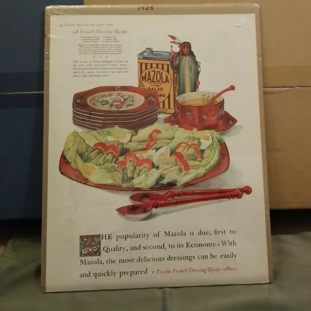 Vintage 1925 MAZOLA Salad & Cooking Oil Kitchen Décor J. W. Hawkins Art Print Ad