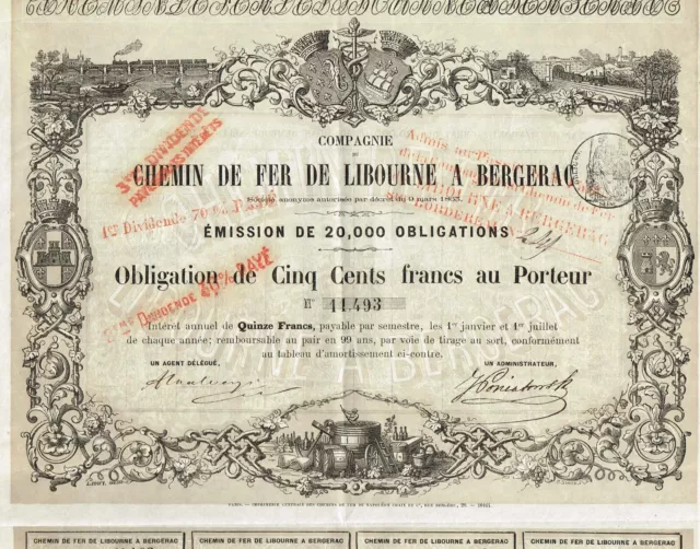 FRANCE LIBOURNE TO BERGERAC RAILROAD COMPANY stock certificate/bond 1863