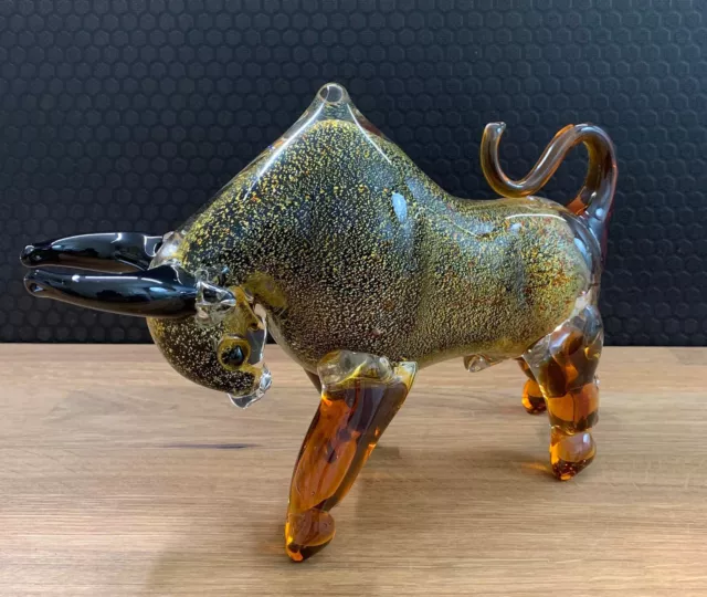 Glasfigur Stier Bulle Skulptur Dekofigur Glaskunst Kristallglas Bison Murano Art