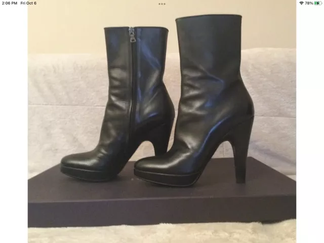 PRADA women boots platform heels leather black Sz7 Made in Italy Authentic