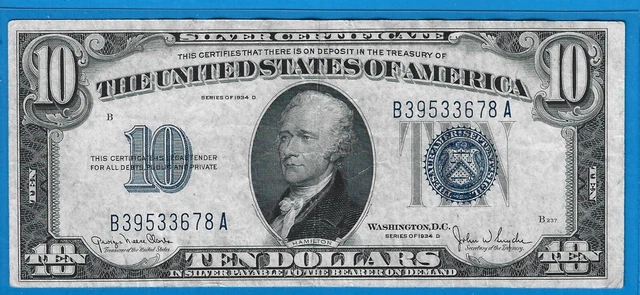 1934 D $10 Silver Certificate,Blue Seal,Circ Very Fine,Nice!