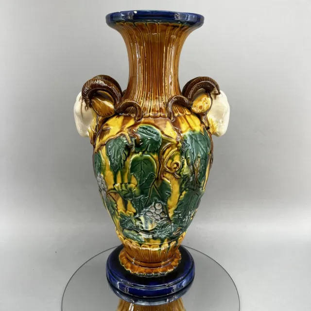 Bold Vintage Large 13” Majolica Ram Head Handle Art Pottery Vase Ceramic