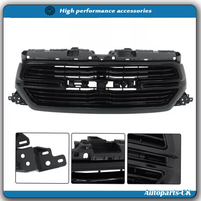 Fit For 2019-2022 Ram 1500 Front Upper Grille Glossy Black Grill Plastic NEW
