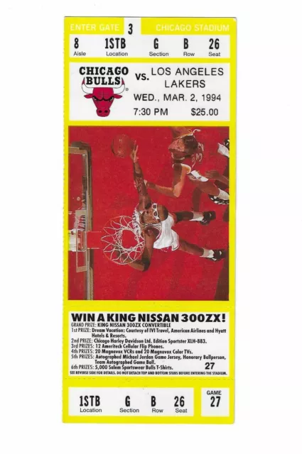 Chicago Bulls vs Los Angeles Lakers Unused Basketball Tickets From 3/2/1994