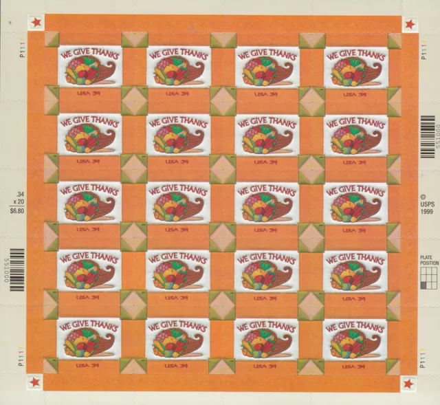 We Give Thanks Mint Sheet of 20 Stamps, Scott #3546, MNH, Free Shipping! Nice!