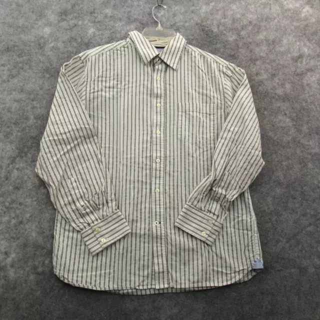 Basic Editions Mens Shirt Medium White Gray Striped Button Up Flip Cuff Cotton