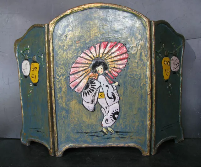 1920s JAPANESE GEISHA GIRL sm. LACQUERWARE TABLE SCREEN 15x22" ART DECO antique