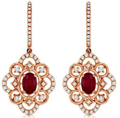 1.70Ct Diamond & Aaa Ruby 14Kt Rose Gold 3D Oval & Round Flower Hanging Earrings
