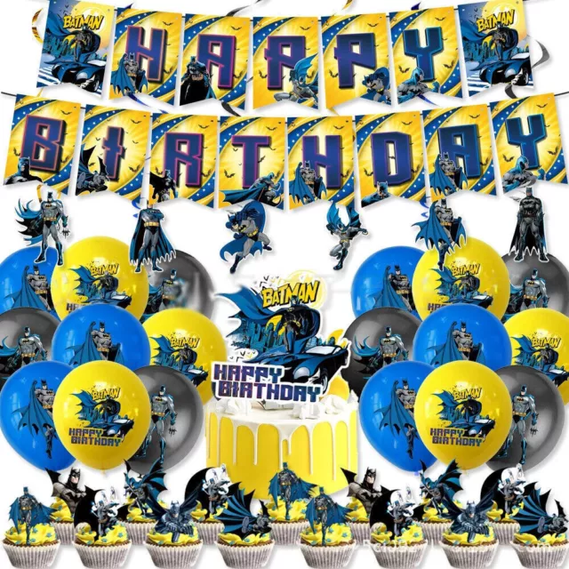 Batman Themed Birthday Party Supply‎ Set Balloons Banner Swirls Cupcake Toppers