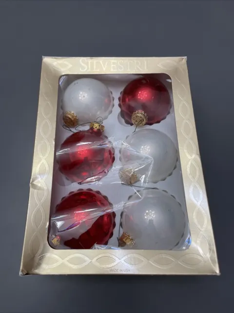 Set 6 Vintage Magic of Silvestri Rauch Christmas Ornament White & Red Glass USA