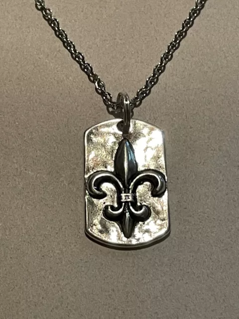 Fleur De Lis Dog Tag Pendant Necklace French Lily 20” Stainless Chain Gift New