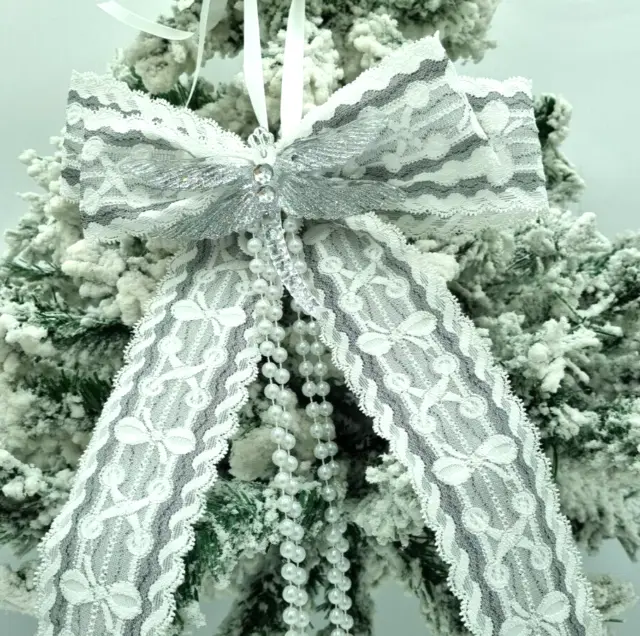White Grey Lace Luxury Christmas Tree Bow Topper Christmas Decoration