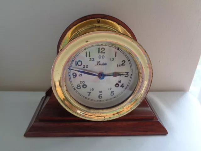 Vintage Boston Heavy Solid Brass Ships Clock with Wood Base. Key Wind-Works 7" T 2