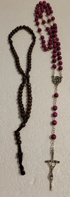RELIGIOUS Red Wood Bead Rosary w/Silver Crucifix Cross & Brown Prayer Beads