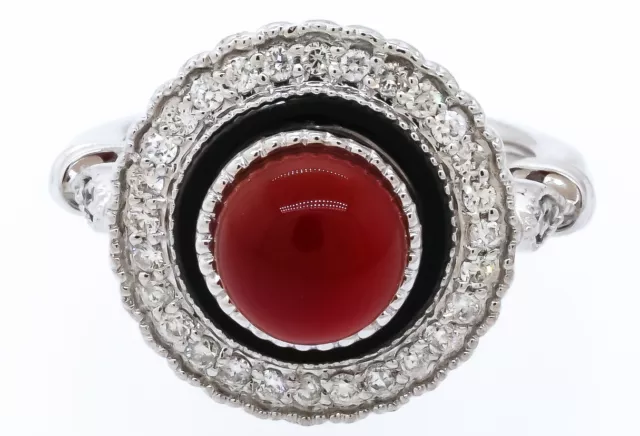 Heavy 18k White Gold 0.33ct Diamond + Carnelian Enamel Cocktail Ring Size 6.75