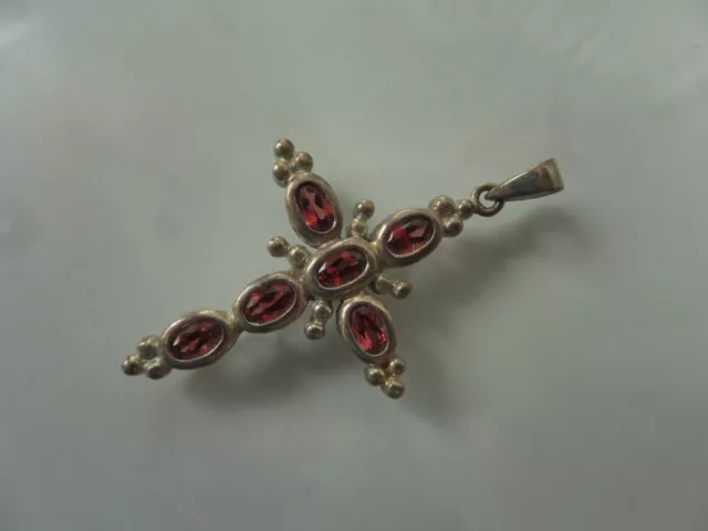 Très Beau vieux Pendentif, Croix, 925 Argent Avec Poli, Rouge Pierres