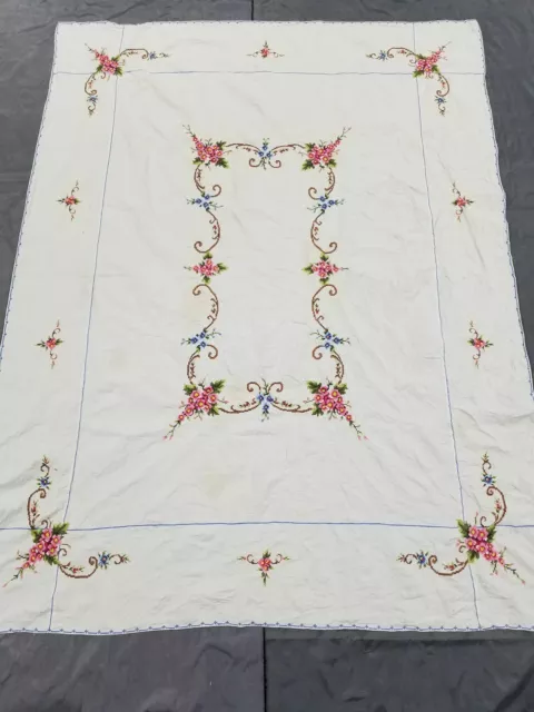 Vintage Hand Embroidered Tablecloth Exquisite Antique Linen 159x120cm