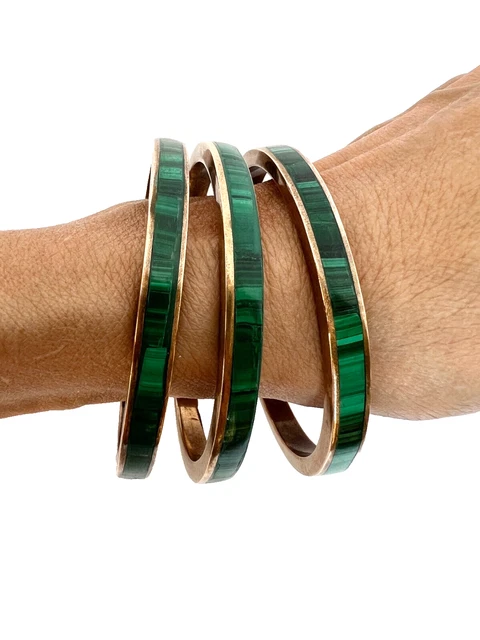 Bracelet Jonc Vintage En Malachite Et Cuivre - Diamètre 7.3 Cm - Très Bon état