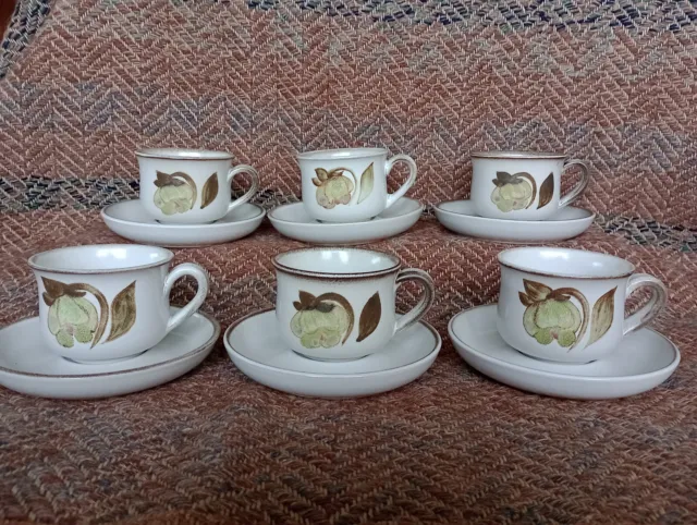 Vintage Denby Troubadour tea / coffee cups and saucers x 6, retro 1970s tea set