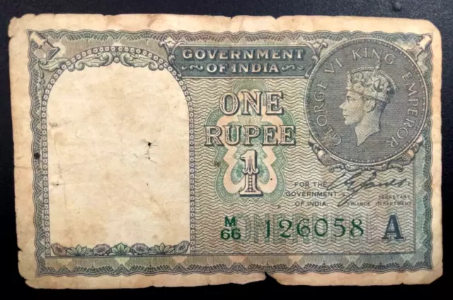 India 1 Rupee 1940 King George VI Green Serial Note