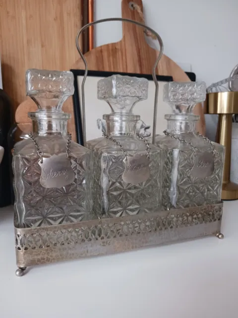 Vintage Clear Cut Glass Fortified Liquor Decanters Whiskey Port & Sherry & Caddy