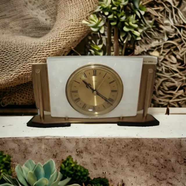 Metamec Mantel Clock Art Deco Marble Brass 6" x 11.5" Battery Vintage VGC
