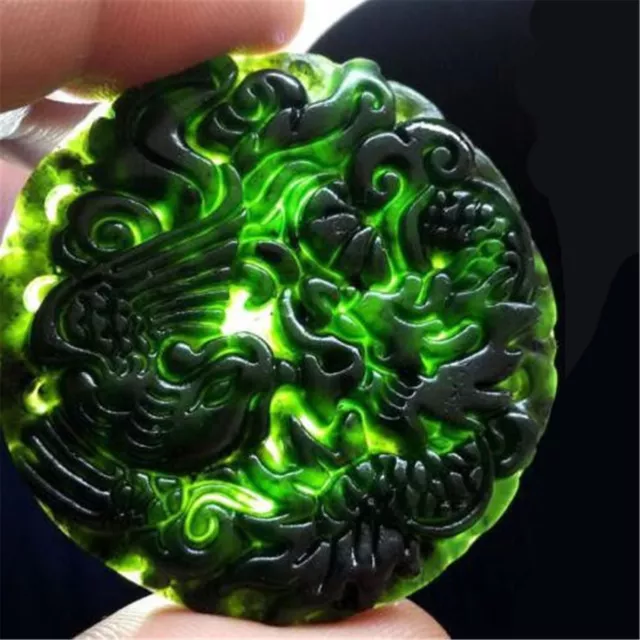 Chinese Natural Black Green Jade Pendant Dragon&Phoenix Good Lucky Amulet Gift