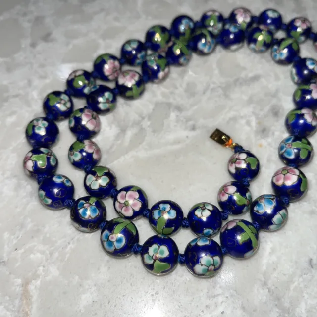 Vtg Cloisonne Necklace Blues Multicolor Floral Beads Hand Knotted Gold Tone 24”