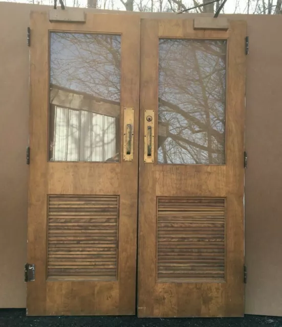 VTG Pair 30x84 Birch Brass Hardware Louvered School Double Doors 277-22B