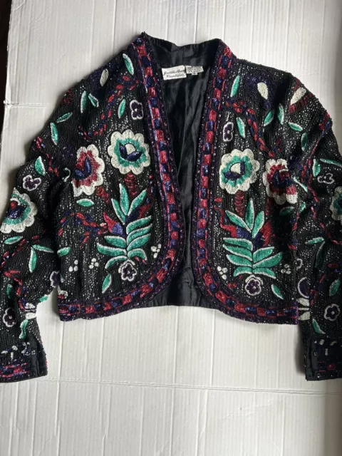 Judith Ann Creations S Silk Beaded, Sequin Floral Jacket Black Green Pink Purple