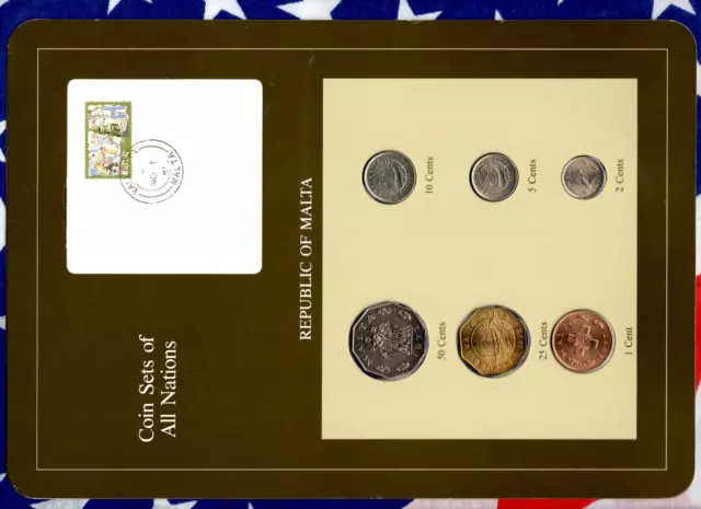 Coin Sets of All Nations Malta w/card 1972-1986 UNC 25 cents 1975 1,2 cents 1977