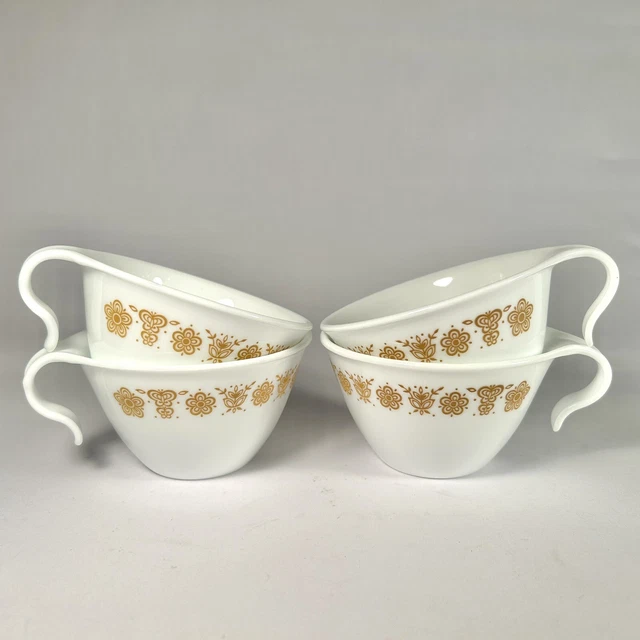 Vintage Set 4 Corelle Gold Butterfly Hook Handle Coffee Tea Cups Corning Living