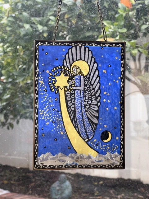 Beautiful Stained Glass panel 7”x￼5” Angel With Star ART DECO moon painted AMM