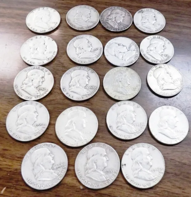 19 Franklin Silver Half Dollars Roll Less 1 1950-1963 Est VF-XF $14.16 each