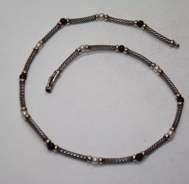 David Yurman Sterling & 14k Onyx & Pearl Cable Choker Necklace 15.25" [044GRA]