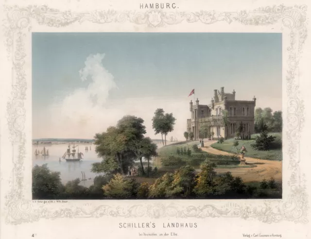 Hamburg Neumühlen Landhaus Schiller Original kolorierte Lithografie Heuer 1860