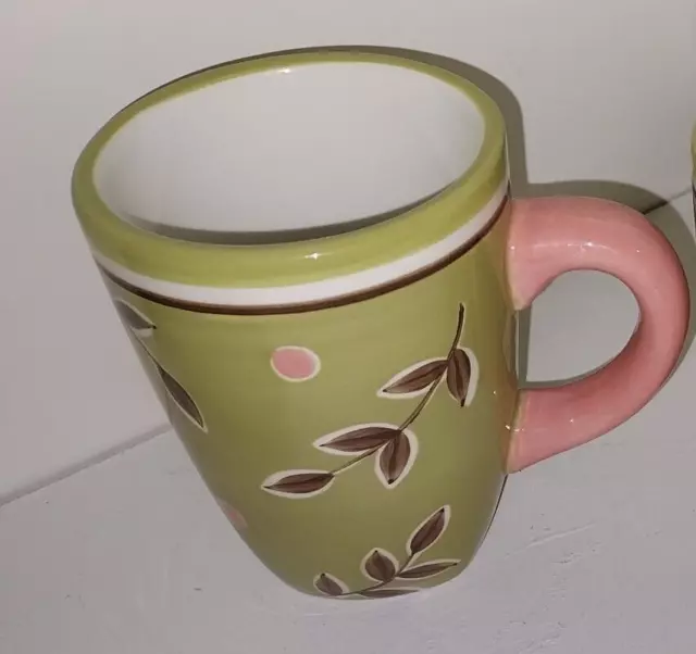 Dansk Green Coffee Mug With Pink Flowers Hand Painted