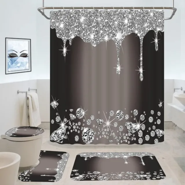 4Pcs/set Glitter Shower Curtain Sets Bath Decor with Rugs & Toilet Lid Cover