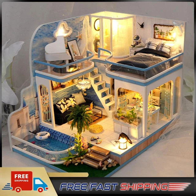 Wooden Model House Kit with Dust Cover/Light/Accessories Gift for Boys Girls